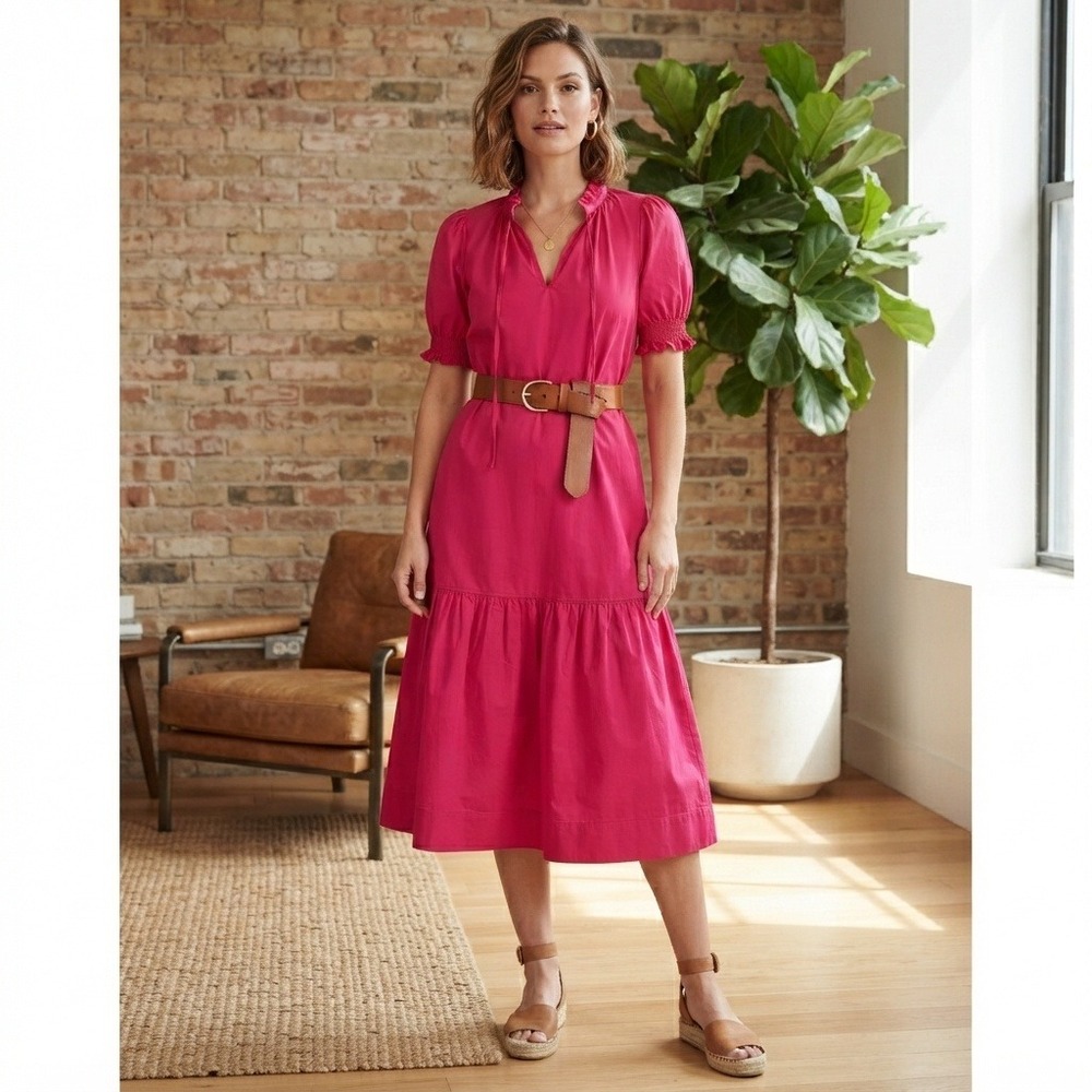 Free Assembly Fuchsia Pink Cotton Tiered Midi Dress Puff Sleeve Ruffle Hem Boho